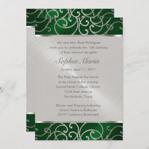 Quinceanera Emerald Green Silver Filigree Swirls Kaart