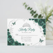 Quinceanera Emerald Green Silver Floral Reply RSVP Kaartje (Staand voorkant)