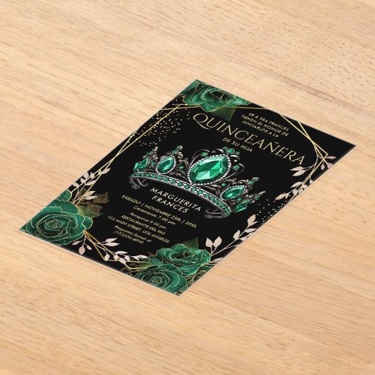 Quinceañera Emerald Green Tiara Zwart Spaans Acryl Uitnodigingen (Laagn)