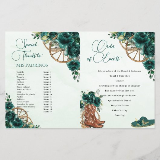 Quinceañera Emerald Groen Bloemen Charro Programma (Achterkant)