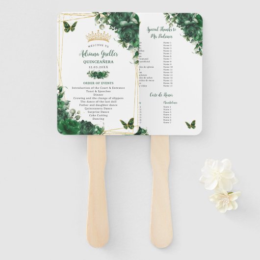 Quinceañera Emerald Groen Bloemen Padrinos Program Handwaaier (Voorkant en achterkant)