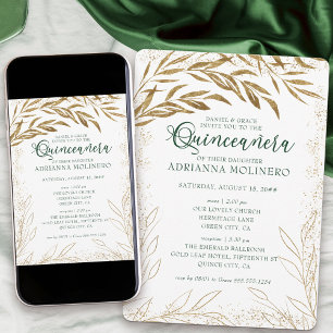 Quinceanera en Mass Elegant Green en Gold Leaves Kaart