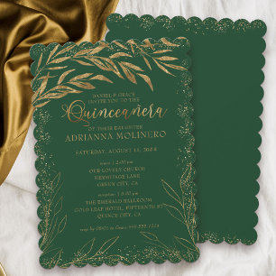 Quinceanera en Mass Emerald Green en Gold Leaves Kaart