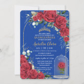 Quinceañera Enchanted Red Rose Floral Royal Blue Kaart (Voorkant)