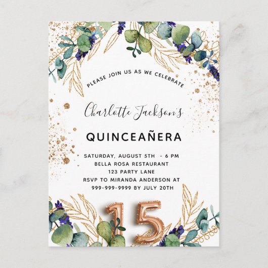 Quinceanera eucalyptus glitter elegant uitnodiging briefkaart (Voorkant)