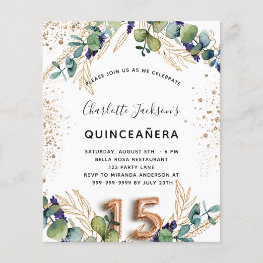 Quinceanera eucalyptus greenery budget uitnodiging flyer (Voorkant)