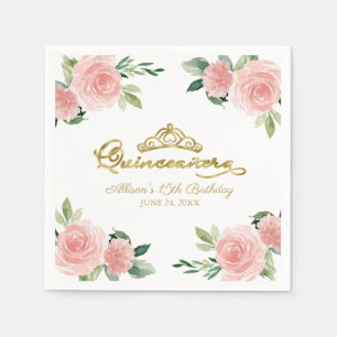 Quinceanera-feest gouden tiara roze roze bloemen servet