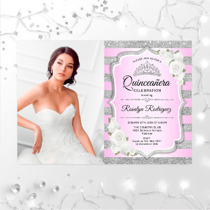Quinceanera-feest met foto - Zilver Paars Roze Kaart