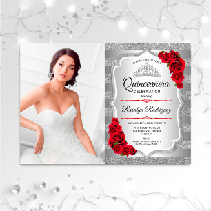 Quinceanera Feest Met Foto - Zilver Rood Kaart