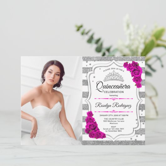 Quinceanera-feest met foto - Zilver Wit Roze Kaart (Staand voorkant)