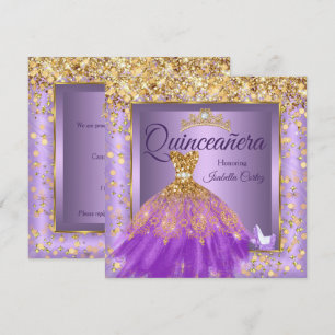 Quinceañera Feest Paarse Jurk Hoge Hakken Goud Kaart