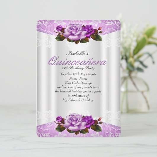 Quinceanera Feest Witte Paarse Roze Rozen Kant Kaart (Staand voorkant)