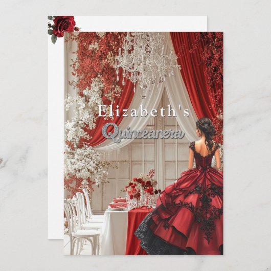 Quinceañera-feestzaal rode jurk kristallen kroonlu kaart (Voorkant / Achterkant)