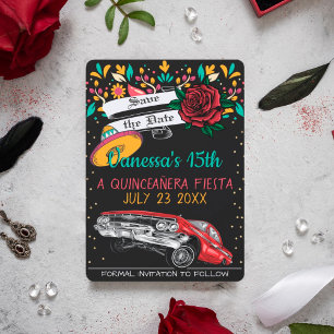 Quinceanera fiesta floral lowrider & red rose kaart