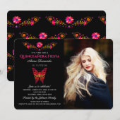 Quinceañera Fiesta Mexicaine Invitation Florale (Devant / Derrière)