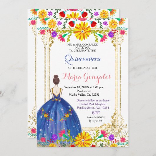Quinceanera Fleurs colorées Gold Invitation (Devant / Derrière)