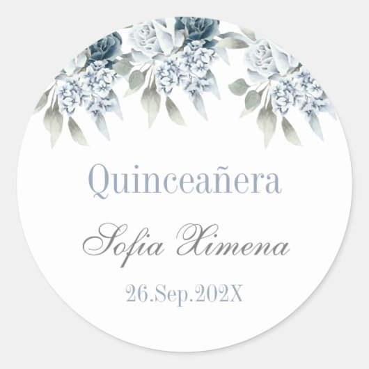 Quinceañera floral azul ronde sticker (Voorkant)