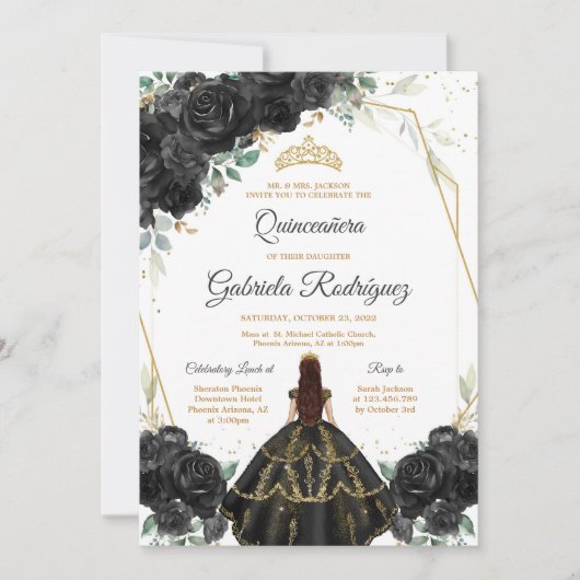 Quinceanera Floral Black Gold Invitation (Devant)
