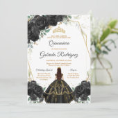 Quinceanera Floral Black Gold Invitation (Debout devant)