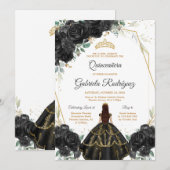 Quinceanera Floral Black Gold Invitation (Devant / Derrière)