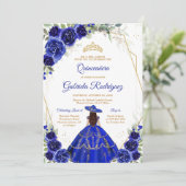 Quinceanera Floral Blue Gold Invitation (Debout devant)