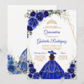 Quinceanera Floral Blue Gold Invitation (Devant / Derrière)