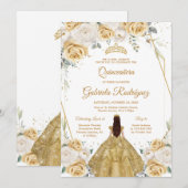 Quinceanera Floral Gold Invitation (Devant / Derrière)