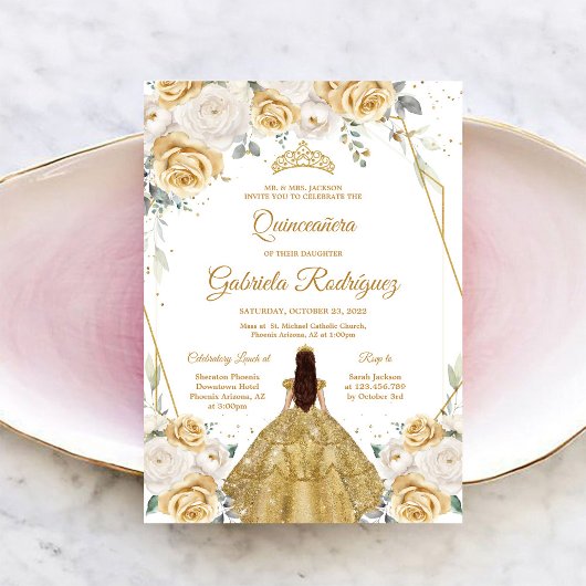 Quinceanera Floral Gold Invitation