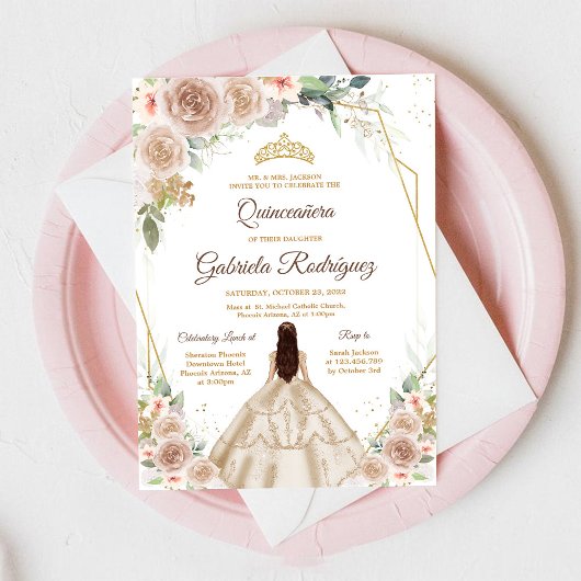 Quinceanera Floral Gold Invitation
