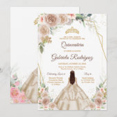 Quinceanera Floral Gold Invitation Kaart (Voorkant / Achterkant)