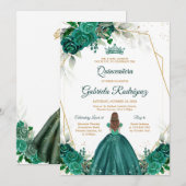 Quinceanera Floral Green Gold Invitation (Devant / Derrière)