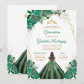 Quinceanera Floral Green Gold Invitation (Devant / Derrière)