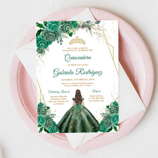 Quinceanera Floral Green Gold Invitation