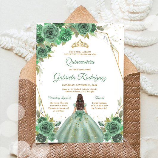 Quinceanera Floral Green Gold Invitation