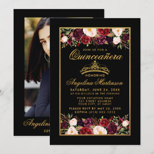 Quinceanera Floral Photo Gold Lijst Crown Black Kaart