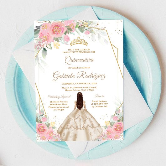 Quinceanera Floral Pink Gold Invitation