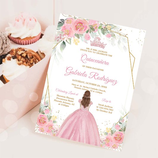 Quinceanera Floral Pink Gold Invitation