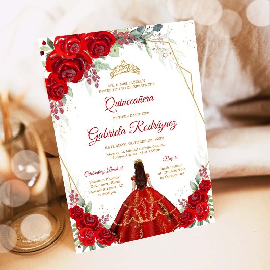 Quinceanera Floral Red Gold Invitation