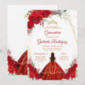 Quinceanera Floral Red Gold Invitation (Devant / Derrière)