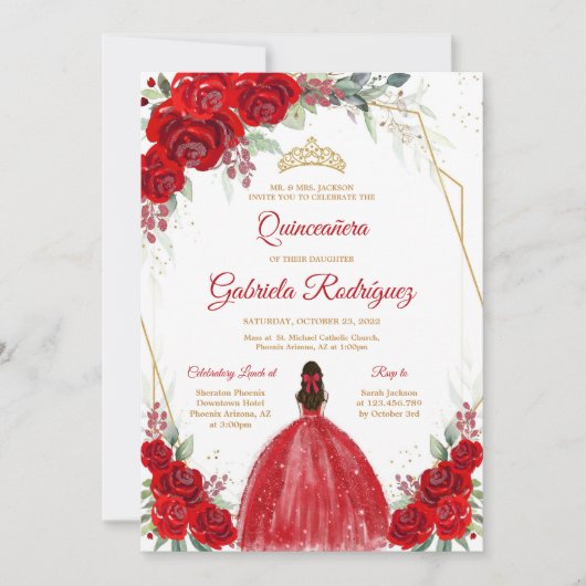 Quinceanera Floral Red Rose Gold Invitation (Devant)