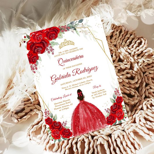 Quinceanera Floral Red Rose Gold Invitation