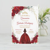 Quinceanera Floral Red Rose Gold Invitation (Debout devant)