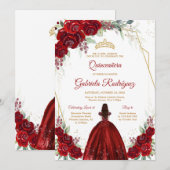 Quinceanera Floral Red Rose Gold Invitation (Devant / Derrière)