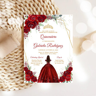 Quinceanera Floral Red Rose Gold Invitation Kaart