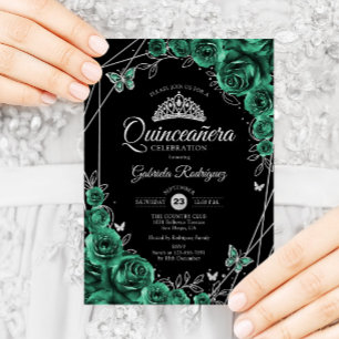 Quinceanera Floral Smaragdgroen Zilver Zwart Kaart