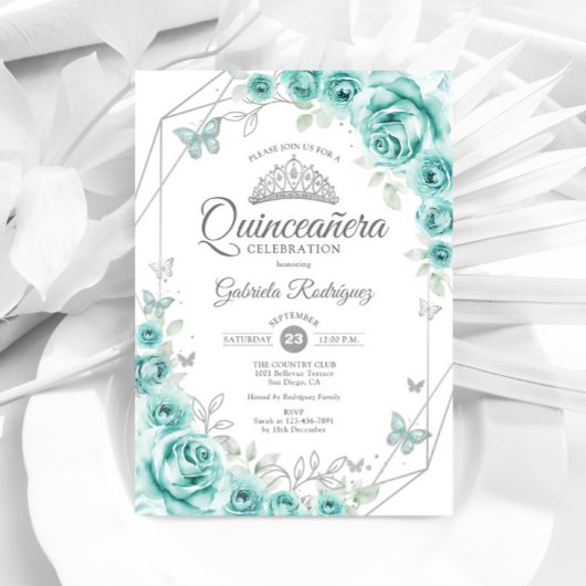 Quinceanera Floral Turquoise Zilver Kaart