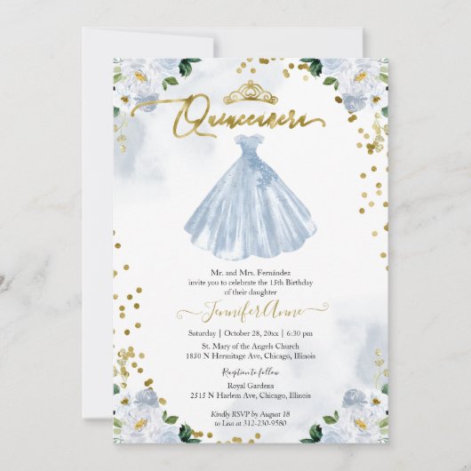 Quinceanera florale bleu Invitation bilingue (Devant)
