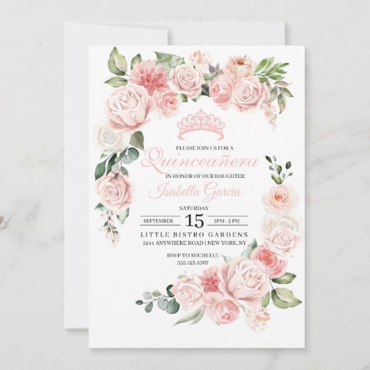 Quinceanera Florale Rose Invitation Anniversaire (Devant)