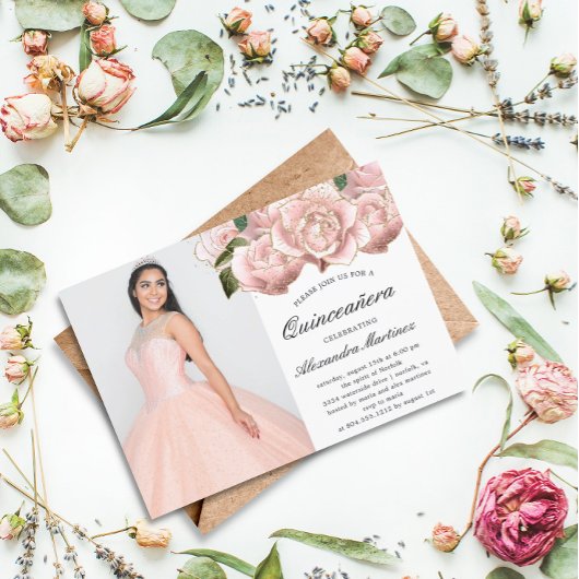 Quinceanera florale rose pâle - Invitation photo