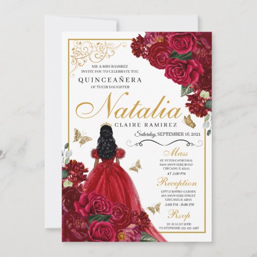 Quinceanera Florale Rouge & Or Invitation Annivers (Devant)